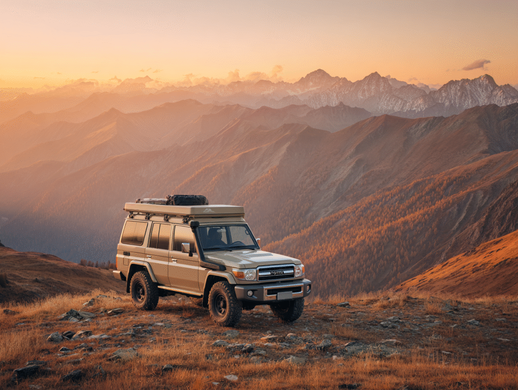 Toyota Land Cruiser 4x4 parked on a high Altai ridge at sunrise